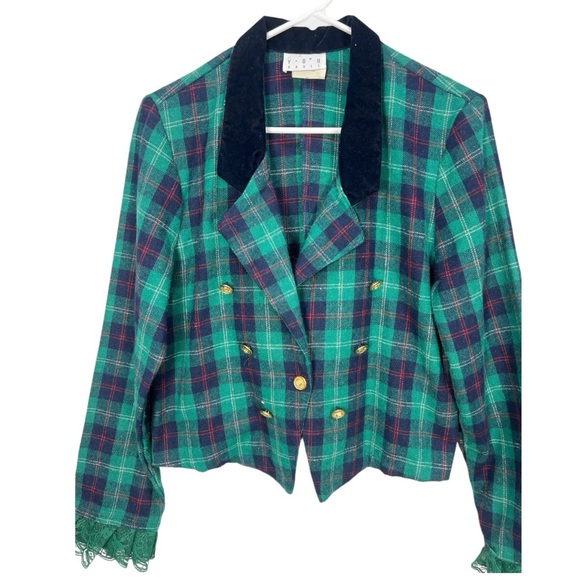 VTG 90's YOU BABES Green Blue Red Plaid Wool Blazer with Lace Cuffs Sz Small - Picture 2 of 10